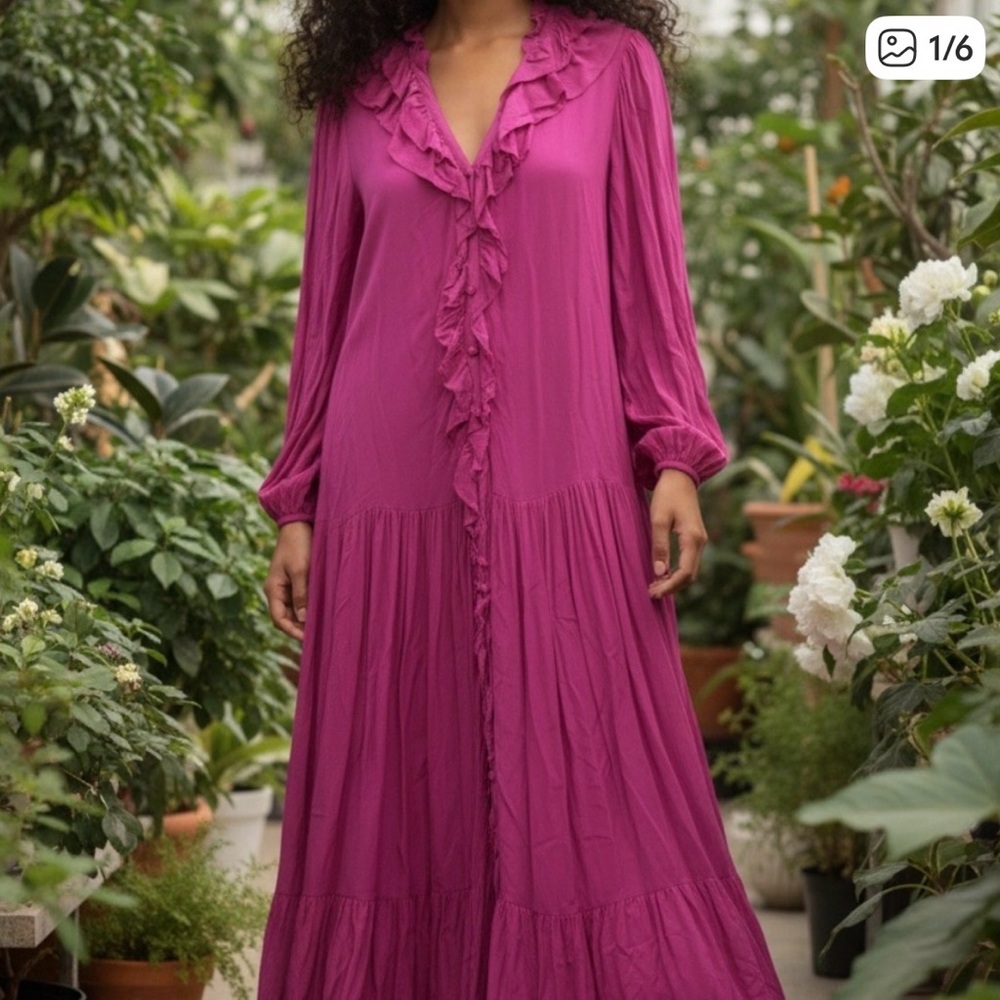Farm Rio‎ for Anthropologie Magenta Long Sleeve Ruffle Dress
